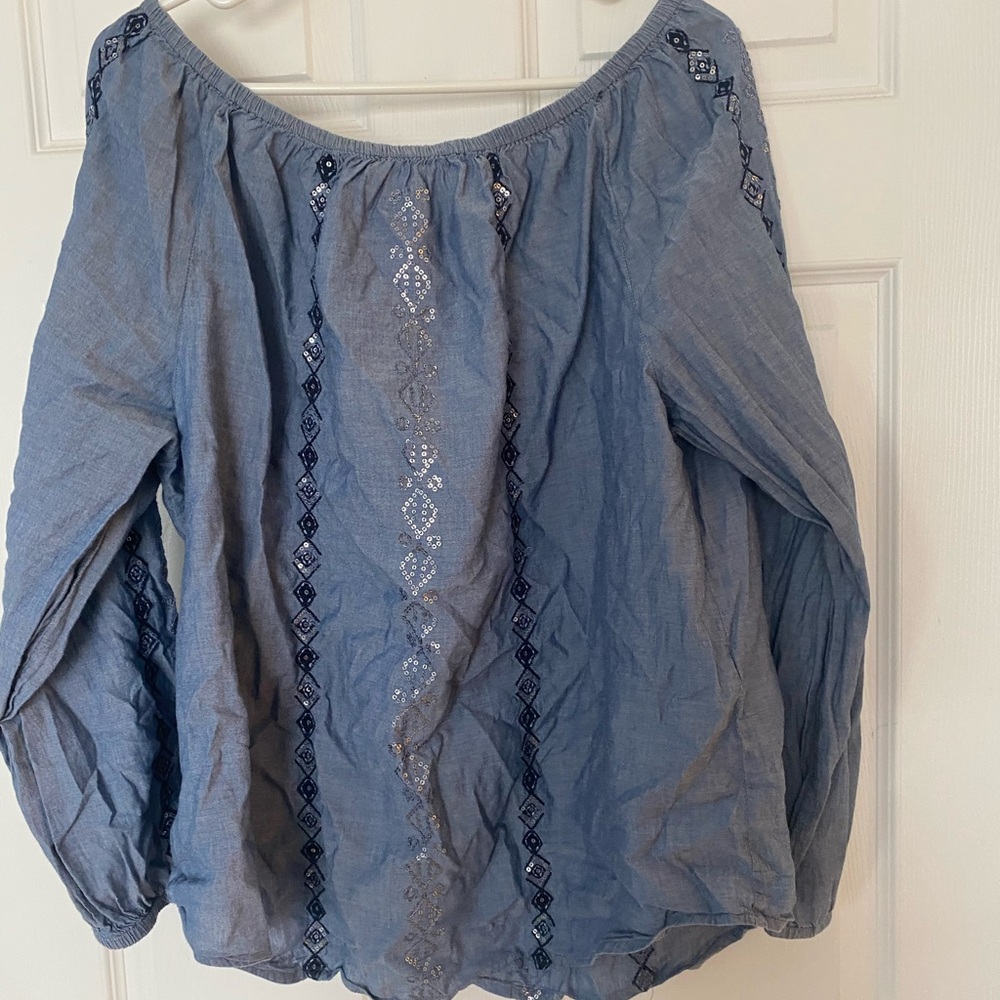 Chicos off the shoulder Blue sequined Women's Top size 3 -excellent condition